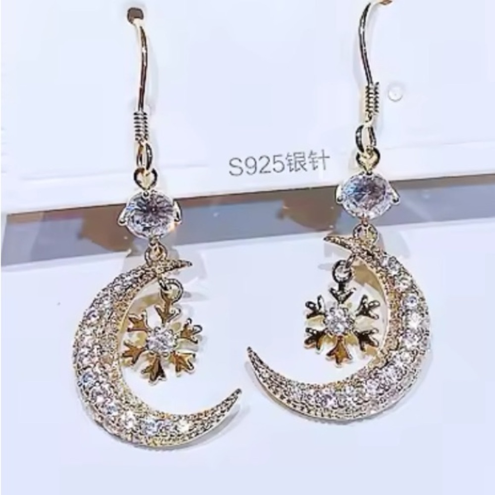 Gold moon with snowflake Earrings
